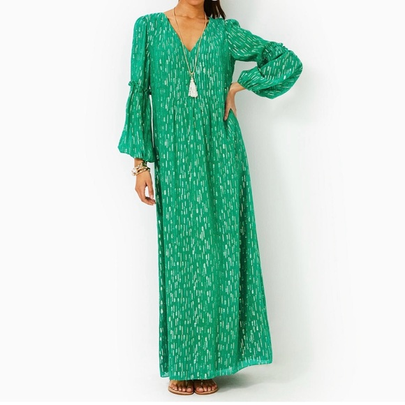 NWT Lilly Pulitzer Cleme Maxi Dress Long Sleeve Green Mystical Metallic 12,14,16 - Picture 2 of 6